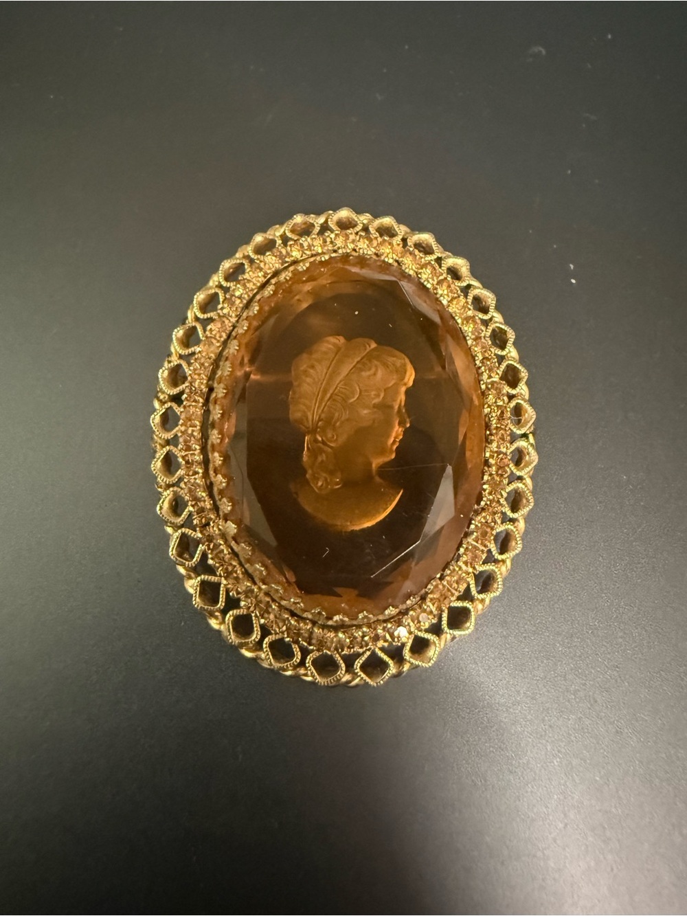 Vintage Warner Byzantine Faceted Amber Glass Reverse Carved Cameo Brooch